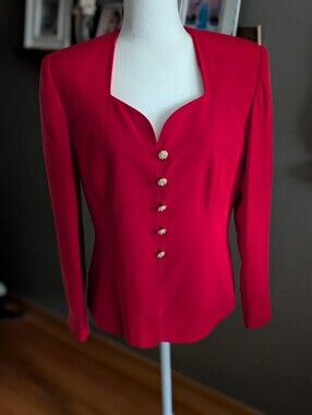 Vintage 90s Red 100% Silk Structured Blazer Jacket 10 Gold Rhinestone Buttons